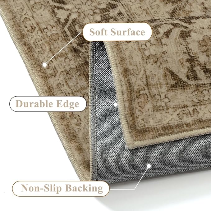 Brown 2x8 Runner Rug Hallway Non Slip Kitchen Vintage Distressed Long Carpet Indoor Machine Washable Traditional Floral Bedroom Accent Throw Rug for Office Laundry Bathroom Dining Living Room