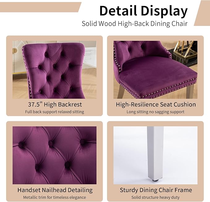 Luxury Upholstered Dining Chairs Set of 4, Purple Kitchen Chair with Silver Metal Legs, Velvet Tufted Back Dining Chair, Sillas de Comedor, Modern Kitchen & Dining Room Chairs (Purple, 4 Pcs)