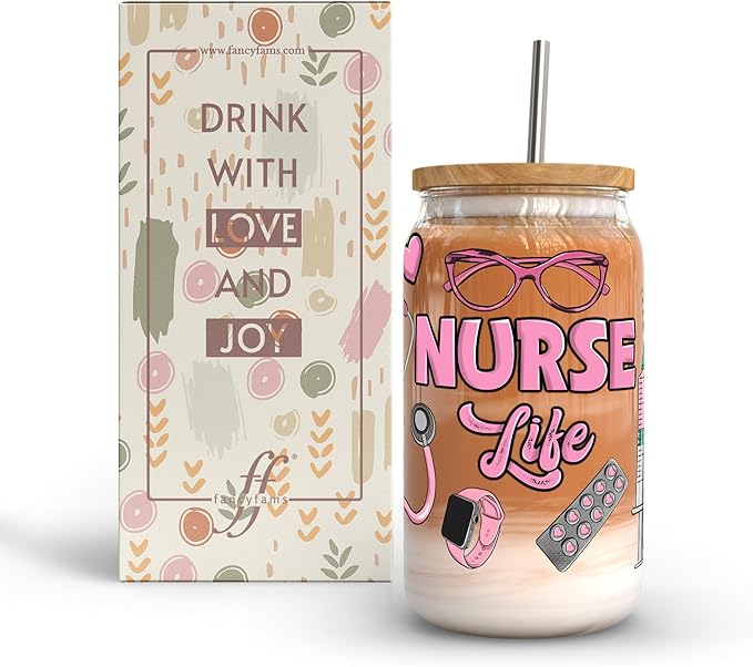 Fancyfams 16 oz Glass Drinking Cup with Bamboo Lid, and Straw, Nurse Cup Gifts for Women, Nursing Student, Practitioner, Registered Rn, Lpn Cool Appreciation Nurse Iced Coffee Gifts (Life)