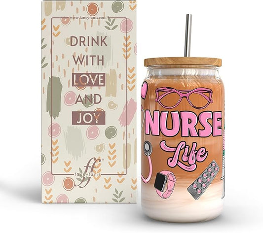 Fancyfams 16 oz Glass Drinking Cup with Bamboo Lid, and Straw, Nurse Cup Gifts for Women, Nursing Student, Practitioner, Registered Rn, Lpn Cool Appreciation Nurse Iced Coffee Gifts (Life)