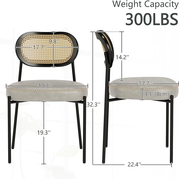 Rattan Dining Chairs Set of 6, Beige Leather Upholstered Dining Chairs with Rattan Cane Back, Mid Century Modern Dining Room Chairs with Black Metal Legs & D-Shaped Thicken Cushion, Beige