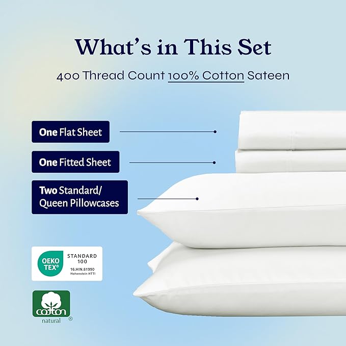 California Design Den Natural 100% Cotton Sheets for Queen Size Bed - Soft 400 Thread Count Sateen, Cooling Sheets, Deep Pockets, All Around Elastic, Snug Fit, Durable Bedding Set - Ivory (Pale Tone)