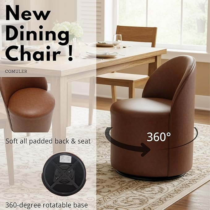 Modern Barrel Dining Chairs Set of 6, Swivel Base Cognac PU Leather Accent Chair 360°Rotating Mid-Century Dining Side Chair Kitchen Chair for Living Room, Bedroom, Home, Office, Kitchen(Brown)