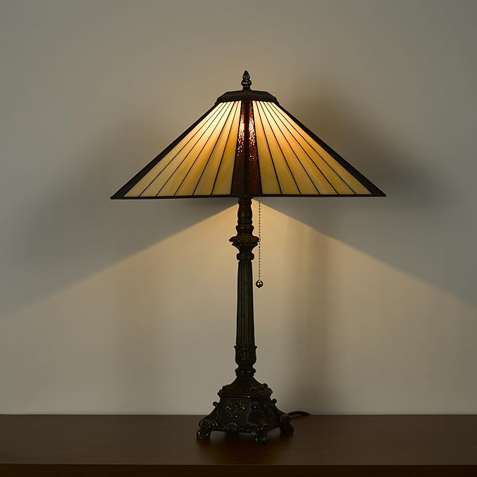 Tiffany Table Lamps Yellow Brown Stained Glass Striped Checkered Style Mission Desk Lamp 12X12X24 Inch Bronze Resin Base