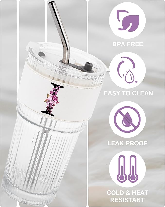 Monogram Glass Cup with Lid Straw Ribbed Ice Tea Coffee Matcha Latte Tumbler Flight Attendant Pet Hairdresse Caregiver Musicians Dancer Cheerleaders Hairstylist Musician Stylist Gift Nanny Hair I