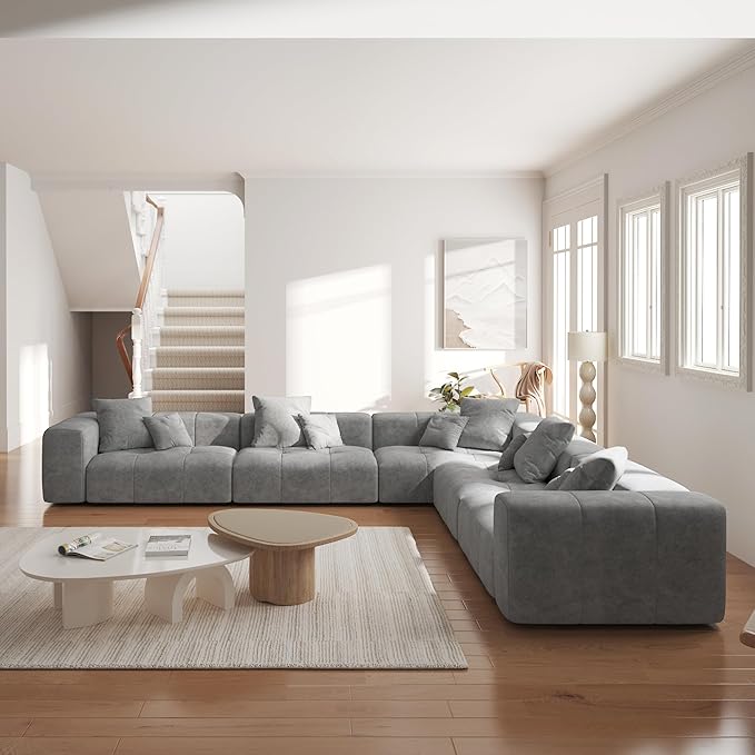JACH V-Shaped Modular Sectional Sofas for Living Room, Modern Cloud Couch, Mid Century Modern Modular Sofa, Cozy Sleeper Sofa for Living Room (Linen Fabric, Grey)