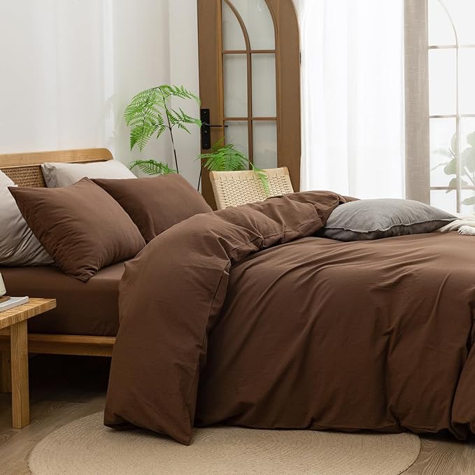 BESTOUCH Duvet Cover Set 100% Washed Cotton Linen Feel Super Soft Comfortable Chic Lightweight 3 PCs Home Bedding Set Solid Cocoa Brown Super King Plus