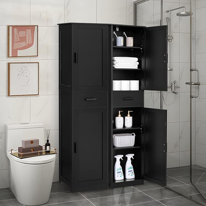 usikey 67'' Tall Storage Cabinet with 4 Shelves & 2 Doors, Bathroom Cabinet with 1 Drawer, Narrow Storage Cabinets for Bathroom, Living Room, Home Office, Black