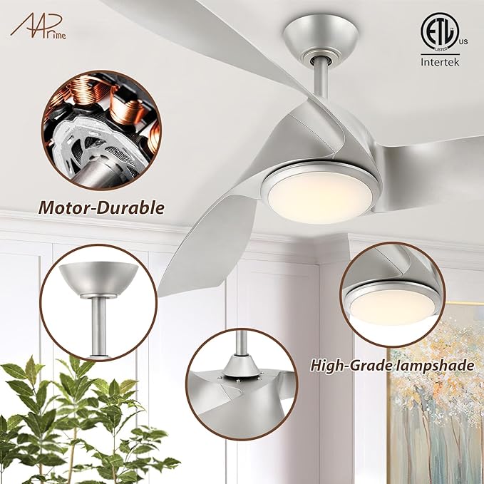 56 Inch Ceiling Fan With Lights, Led Indoor Ceiling Fan With Lights and Remote Control, Reversible Dc Motor, Suitable For Bedrooms, Living Rooms, Silver Propeller Blade Ceiling Fans