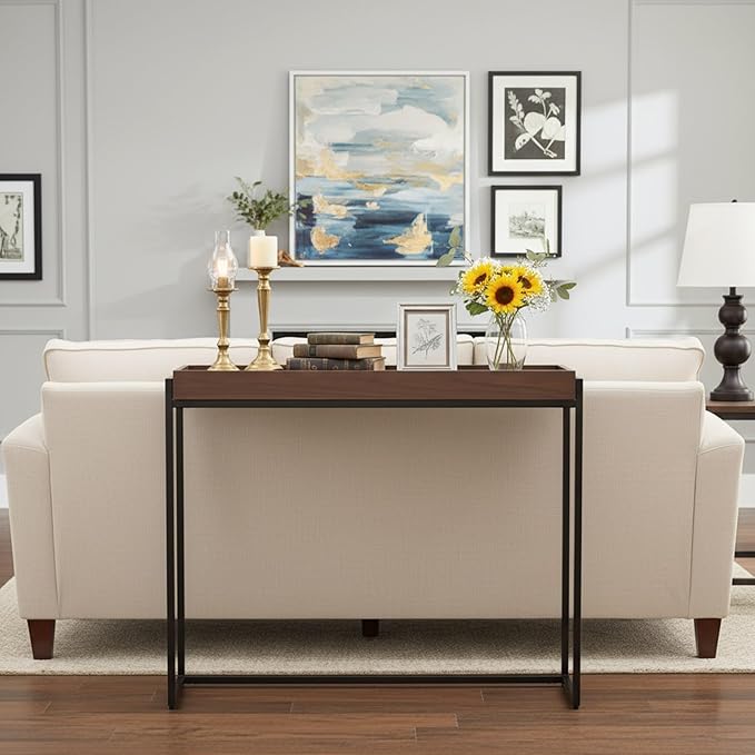 Narrow Console Table Solid Wood, Slim Entryway Table with Storage Groove, Farmhouse Small Sofa Table Behind Couch for Hallway, Living Room, Foyer(Brown 9.8" W,31.5" Lx31.5 H)