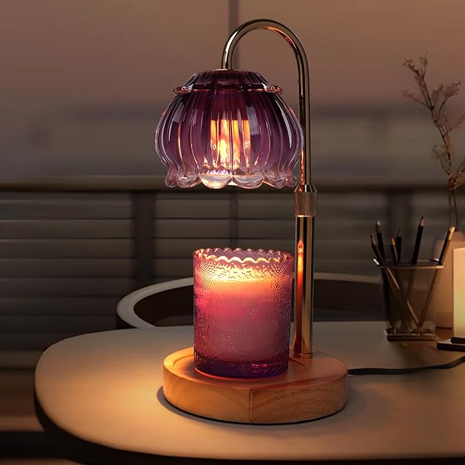 Candle Warmer Lamp with Timer,2 Bulbs, Wood Base and Adjustable Height Flower Candle Warmer Lamp for All Jar Candles, House Warming Decor Gifts, French Gold (Flowers)