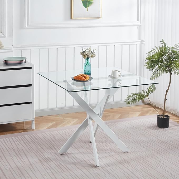 36" Square Dining Table for 4, Modern Glass Kitchen Table for 4 with White X Metal Legs, Contemporary Small Glass Dining Room Leisure Tables for Kitchen Apartment