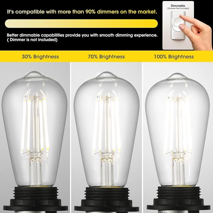 LED Edison Light Bulbs, 60W Equivalent Incandescent Edison Bulbs, Efficient 6W ST58, E26 Medium Base, Dimmable, 750 Lumens, 4000K, Cool White, 90+ CRI, Clear - 24 Count (Pack of 1)