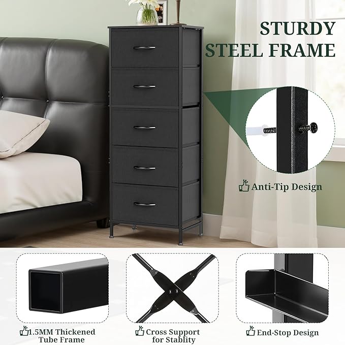 Nightstand, 5 Drawer Dresser End Table Bedside Furniture with Wooden Top Steel Frame Fabric Bins for Bedroom, Closet, Entryway, Dorm, Living Room, Black