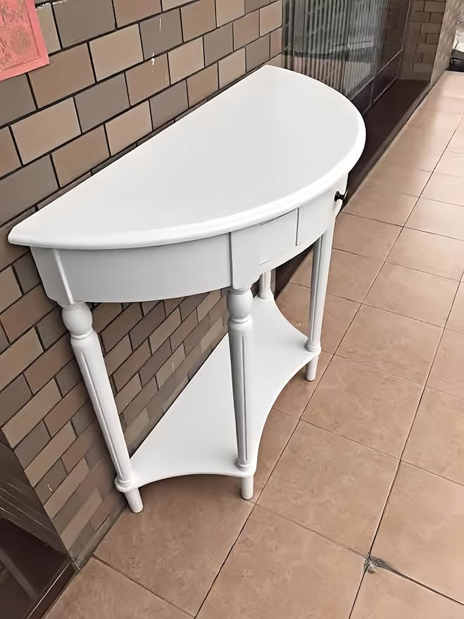 Solid Wood Console Table with Drawer, Semi-Circle Entryway Storage Shelf, Half-Moon Porch Table Side Elegant Vintage Sofa for Living Room (White (35.4" L x 15.0" W x 34.4" H))