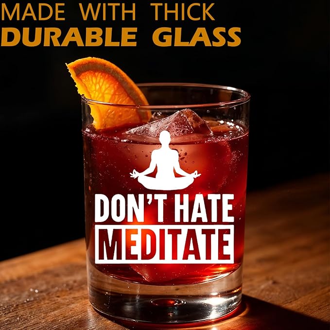 Meditation Lovers Gifts Old Fashioned Whiskey Glasses, Relaxing Meditation Gifts, Don't Hate Meditate 10 oz Rocks Barware Cup for Cocktail Drinks Scotch Bourbon Liquor