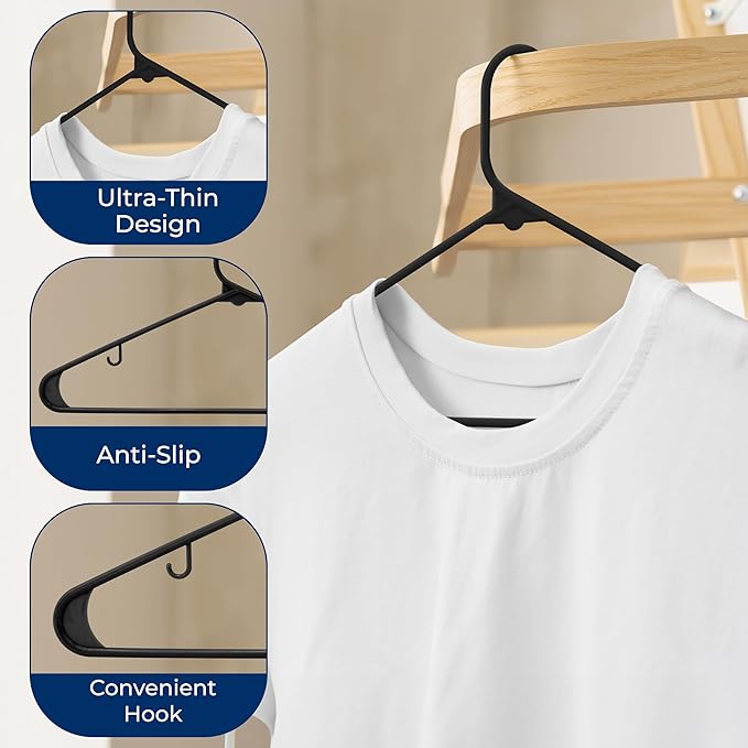 SereneLife 50 Pack Plastic Hangers, Non-Slip, Space-Saving Closet Organizers, Durable and Strong for Shirts, Sweaters, Hoodies, Kids Clothes & Dresses, Ultra-Thin, Lightweight