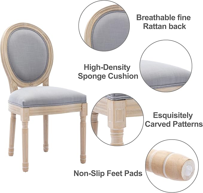 Nrizc French Country Dining Chairs Set of 2, Farmhouse Dining Chairs, Vintage Dining Chair with Round Back, Mid Century Dining Chair, Wood Grey Fabric Chair, for Kitchen, Bedroom, Restaurant