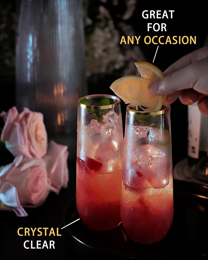 24 Pcak Champagne Flutes Plastic, 9 Oz Disposable Stemless Mimosa Gold Rim Toasting Glasses, Clear Crystal Plastic Cocktail Cups for Party Wedding Birthday