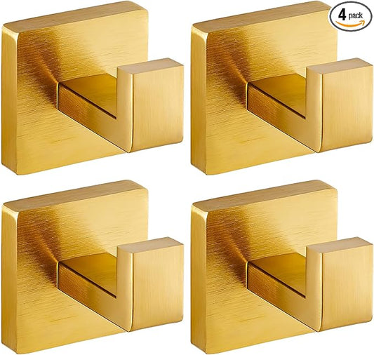 Brushed Gold Towel Hooks for Bathrooms, Heavy Duty Wall Mounted Stainless Steel Modern Hook, 4 Pack – Ideal for Hanging Towels, Robes, Coats, in Kitchen, Bedroom, Bathroom, or Hotel