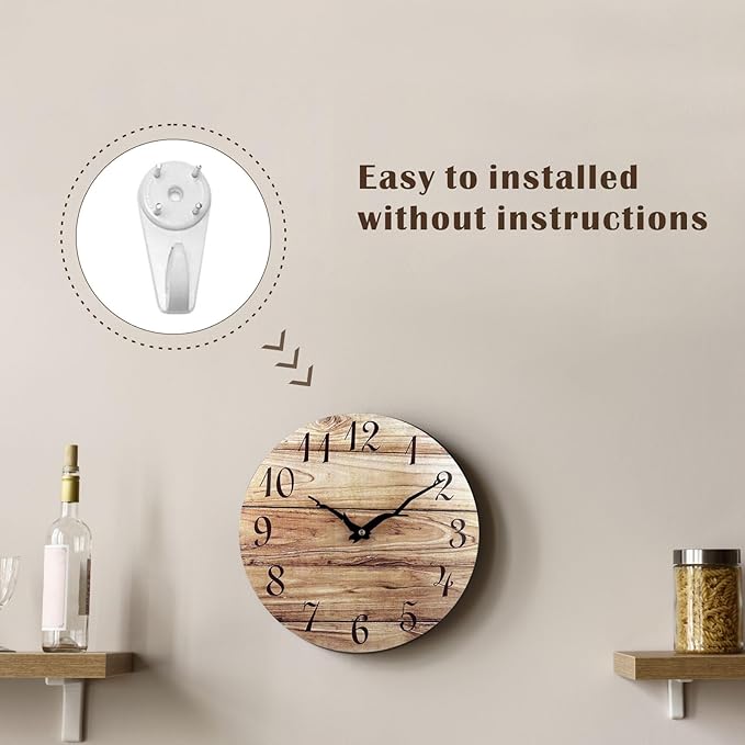 Plumeet Extra Large Wall Clock, 16'' Frameless Wooden Wall Clocks with Silent Quartz Movement, Rustic Country Village Walnut Clocks Decorative for Kitchen Bedroom Living Room, Brown