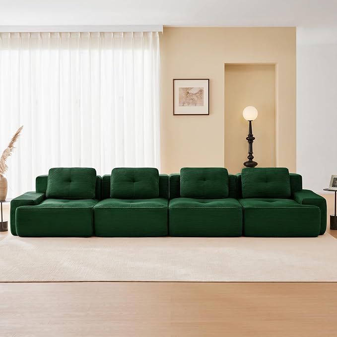 150" Modern Compressed Boneless Couch, 4 Seater Sectional Couches for Living Room, Green Corduroy Cloud Modular Sectional Sofa, Comfy Memory Foam, Extra Deep, Sofas para Sala, No Assembly