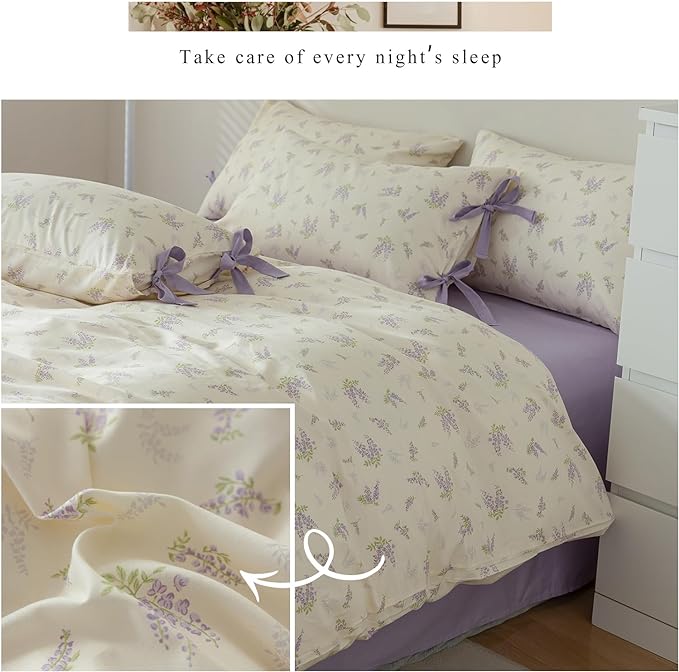 Purple Flower Duvet Cover Twin Soft 100% Cotton Floral Bedding Sets Lilac Floral Comforter Cover Vintage Garden Botanical Duvet Cover Girls Cottagecore Bedding Sets 1 Duvet Cover with 2 Pillowcases
