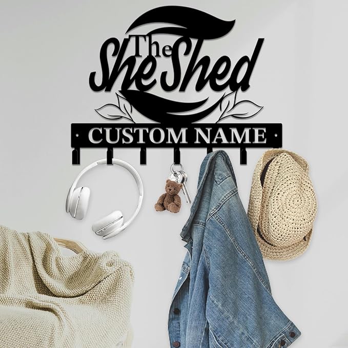 Personalized She Shed Keys Hooks,Custom Name Metal She Shed Art Keys Hooks,Metal She Shed Lover Wall Home Storage Decorative Keys Hooks,Key Holder Hooks for Wall (Style E)
