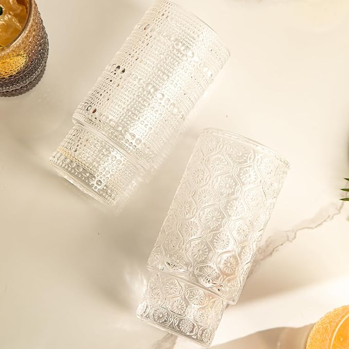 Drinking Glasses Set of 4, 16oz Textured Flower Design Cocktail Glasses, Stackable Old Fashioned Glass Cups, Vintage Glassware for a baby Shower Wedding for Kitchen and Bar - Dishwasher Clear