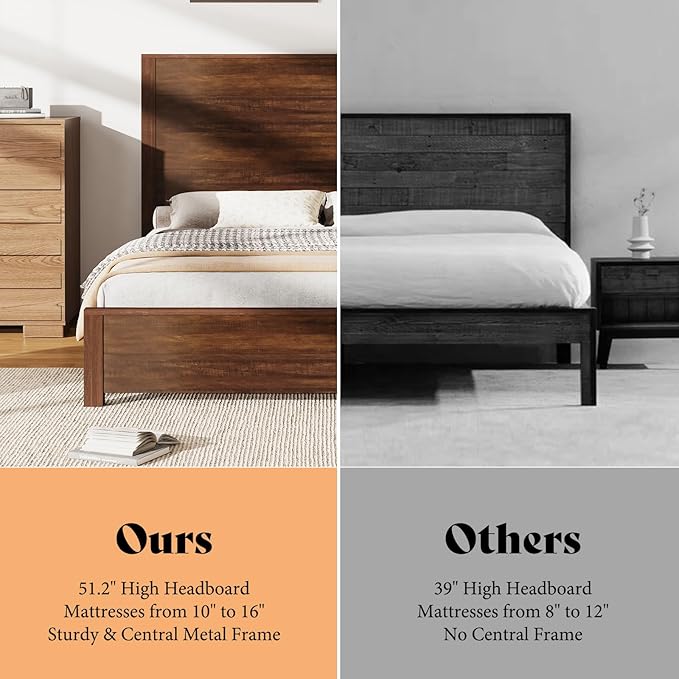 AMERLIFE 51.2" Full Size Wood Bed Frame, Rustic Platform Bed with Spliced Headboard, Wood Slats Support/No Box Spring Needed/Noiseless/Reclaimed Barnwood