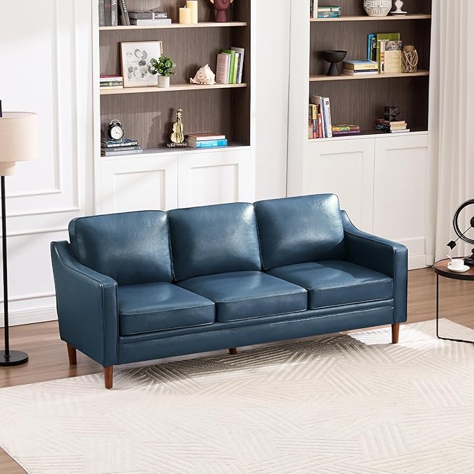 Kingfun 80" Faux Leather Sofa, 3 Seater Couch, Mid Century Modern Couches with Solid Wood Frame for Living Room & Bedroom, Royal Blue