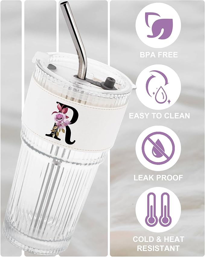 Letter Glass Cup with Lid Straw Ribbed Ice Tea Coffee Matcha Latte Clear Tumbler Cute Stuff Brides Wedding Her Day Bachelorette Party Bridal Shower Engaged Engagement Personalized Customized Gift R