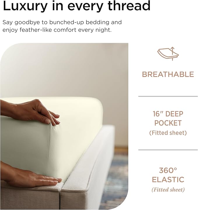 Threadmill 100% Cotton Sheets for King Size Bed - 600 Thread Count King Bed Sheets Set with 16” Deep Pocket - Sateen Weave 4-Piece Bedding Set with Cooling Effect, Ivory