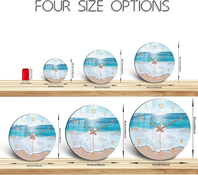 Beach Wall Clock 12 inch Battery Operated Modern Wall-Clock Sea Star Pattern Clocks Analog Wooden Clock Non Ticking for Bedroom, Office Decor