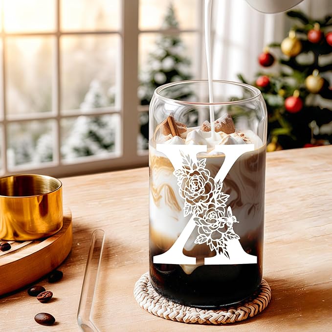 Christmas Gifts for Women: Initial Glass Cup as Office Graduation Memorial Holiday Personalized Gifts - for Mom Grandma Wife Girlfriend Sister Daughter Friend Christmas Gifts - X Aesthetic Cup