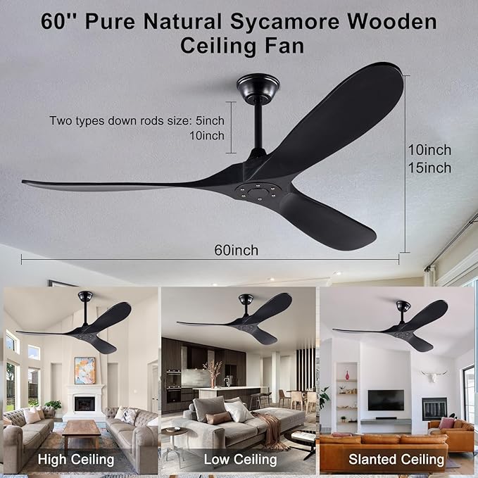 60 Inch Ceiling Fan without Light, Reversible DC Motor Wood Ceiling Fan with Remote Control, Black Modern Ceiling Fan no Light for Outdoor Indoor Living room Farmhouse Patios