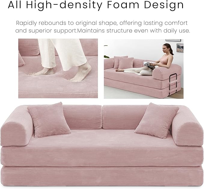 Compression Sofa - 79'' Convertible Sofa Bed, Boneless Couch in a Box, Modular Corduroy Foldable Sleeper Sofa with 2 Pillows, Loveseat Couches for Living Room (Corduroy Fabric, Pink)