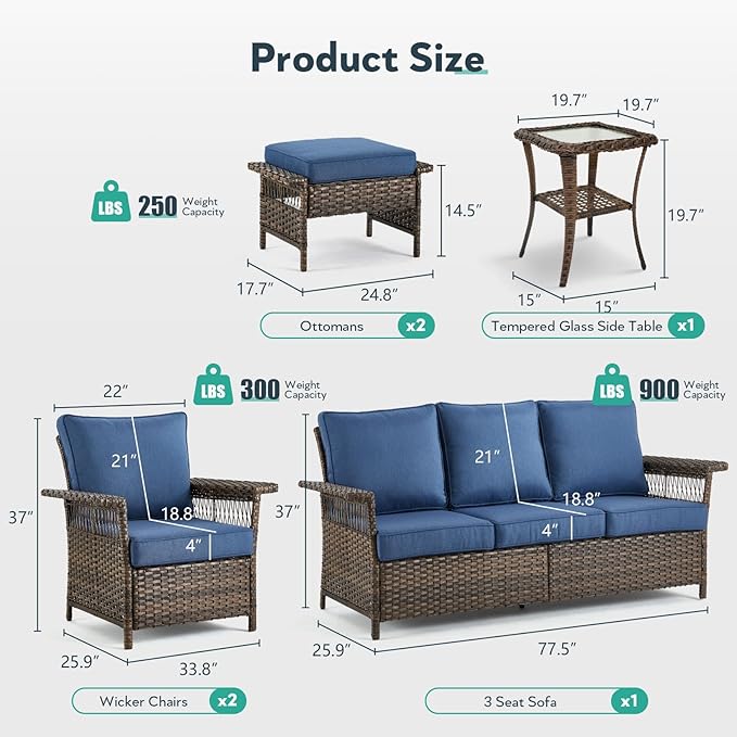 6 Pieces Wicker Patio Furniture Set - Hollow Widen Armrests 3 Seat Outdoor Sofa & Comfy Chairs with Side Table & Ottomans, Small Patio Convention Set for Deck and Backyard - Brown/Blue