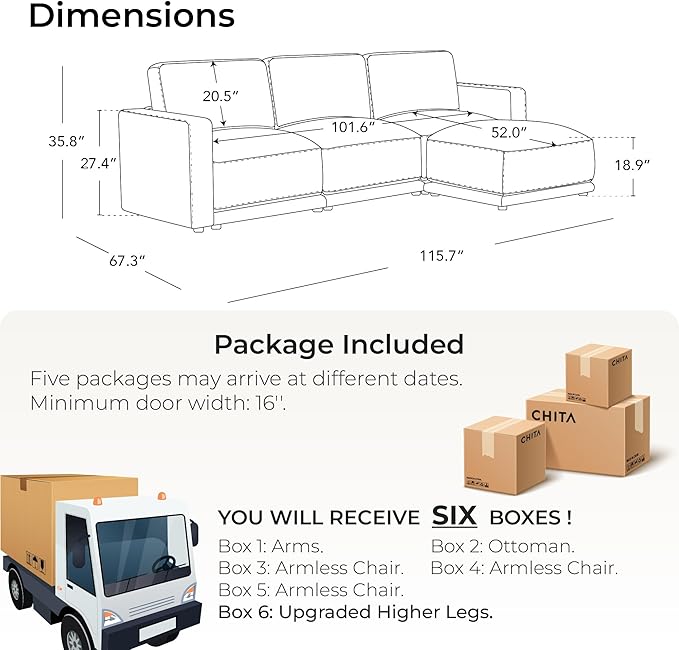 CHITA 116" Sectional Couches for Living Room, Modular Sectional Sofa with Chaise, Comfortable 8-Layer Cushion Structure Design, 4 Seat L Shaped Couch, Chenille in Cream