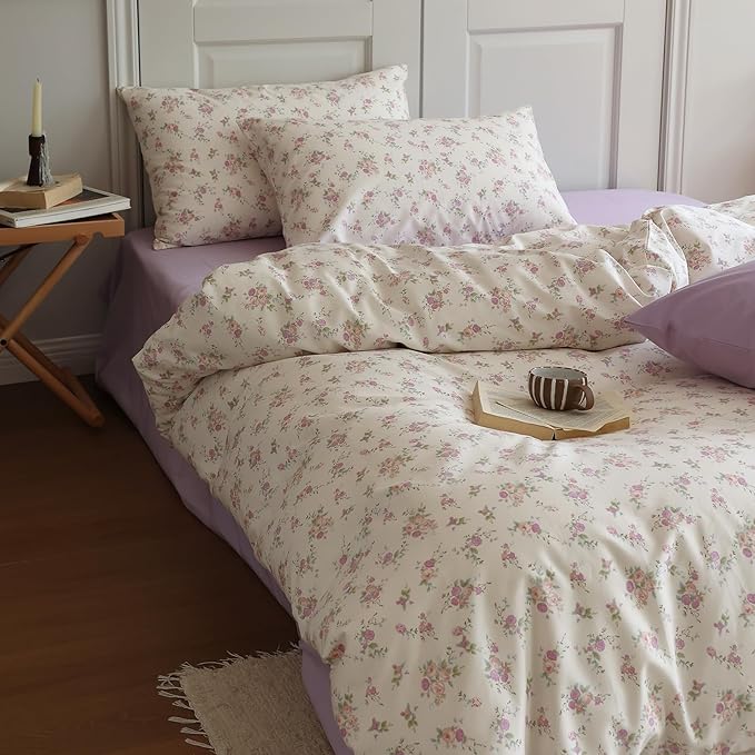 EAVD Pink Purple Floral Comforter Set King Soft Microfiber Chic Shabby Garden Floral Bedding Set with 2 Pillowcases Fresh Cute Botanical Comforter Set for All-Season