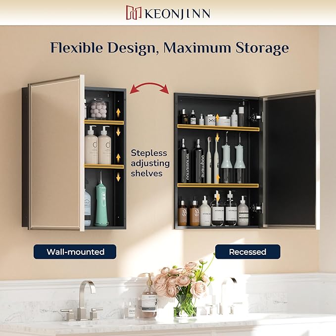 Keonjinn 24" x 30" Medicine Cabinets with Mirror for Bathroom, Brushed Nickel Recessed or Surface Wall-Mounted Aluminum Alloy Framed Beveled Mirror, Farmhouse Bathroom Mirror with Storage Cabinet