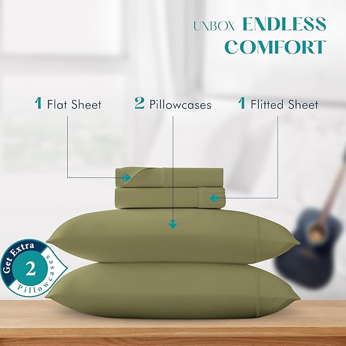 XOOX Linen 100% Egyptian Cotton Sheets California King Size - 1200 Thread Count 4 PC Cal King Sheet Egyptian Cotton, Cooling Sateen Sheet, High Thread Count Sheets California King - Sage Green