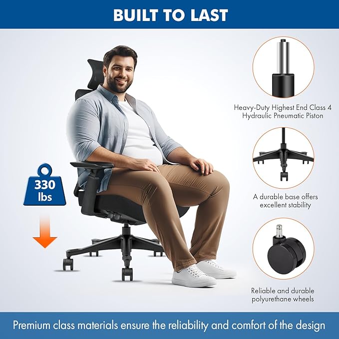 Mesh Office Chair with Headrest – Ergonomic Office Chair with Lumbar Support, Adjustable 3D Arms & Soft Seat – Holds Up to 330lbs (Black)
