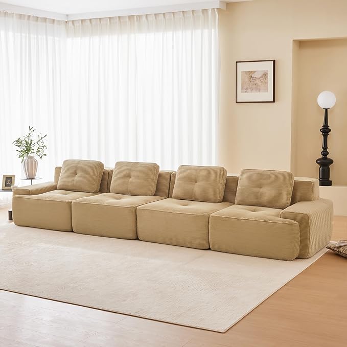 150" Modern Corduroy Cloud Sofa, Boneless Modular Large Sectional Couches for Living Room, Camel 4 Seater Compressed Memory Foam Couch, Extra Deep Seat, No Assembly