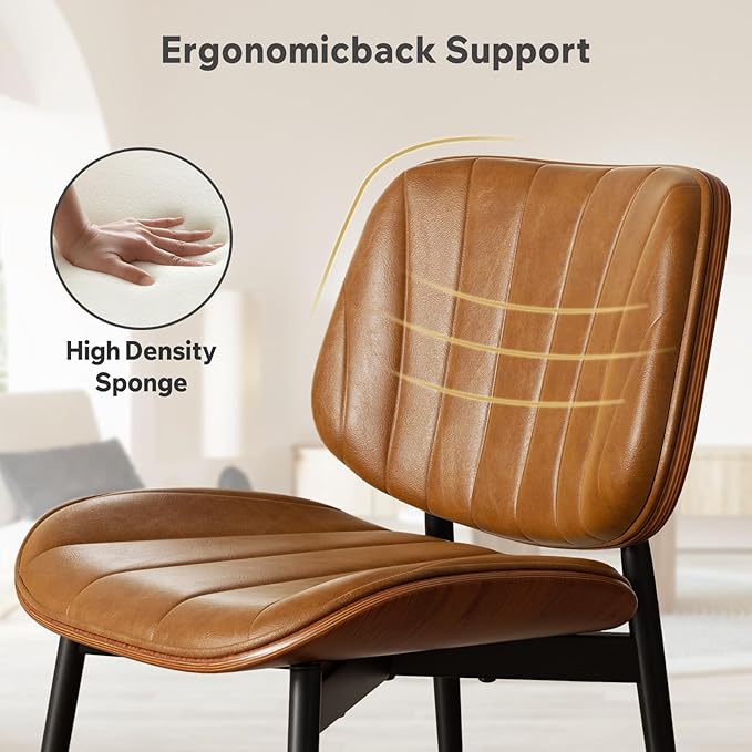 Dining Chairs Set of 6, Mid Century Modern Dining Room Chairs, Upholstered Faux Leather Kitchen Chairs with Walnut Bentwood Back and Metal Legs, Brown