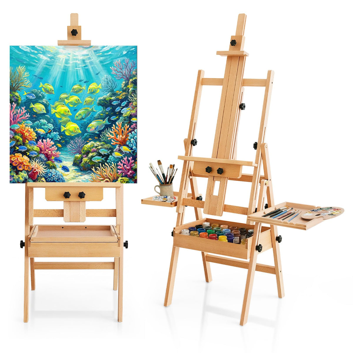 Multi-Function Beech Wood Art Easel for Painting, Flat Desk Easel Stand