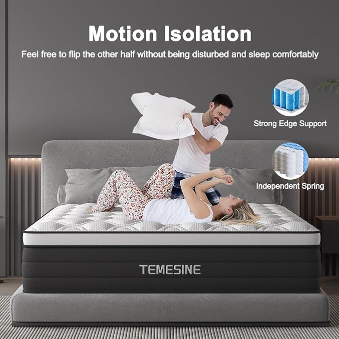 Full Size Mattress, 12 Inch Hybrid Mattress in a Box with Individual Pocket Spring, Gel Memory Foam and Euro Top, Medium Firm Feel with Motion Isolation, Pressure Relief, Edge Support, Black