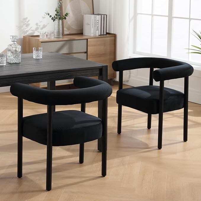 Mid-Century Modern Dining Chairs Set of 2, Armrest Barrel Dining Chairs Side Accent Chairs with Curved Back, Upholstered Wood Armchairs for Kitchen, Velvet Black