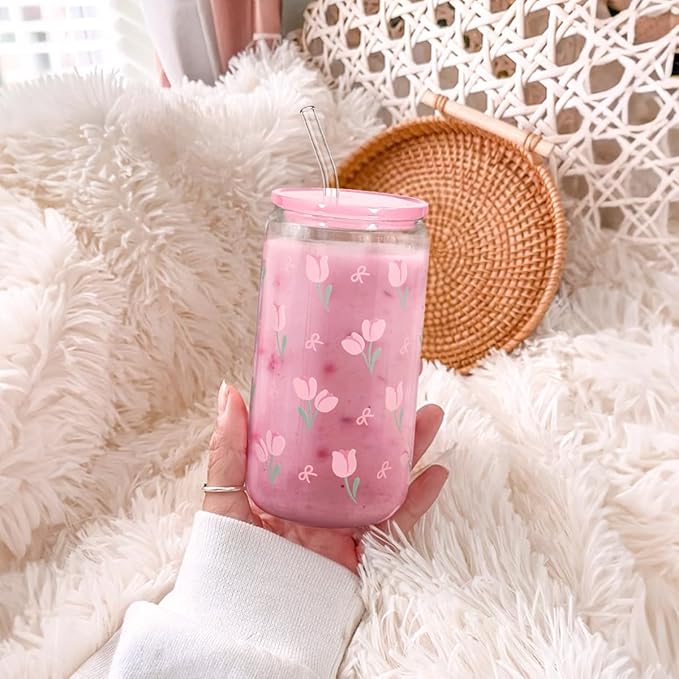 SANDJEST Floral Glass Can, Tulip Iced Coffee Aesthetic Cup, Gift for Christmas Birthday, Gifts for Women Girls, 16oz