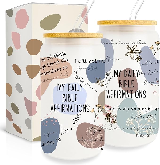 Christian Gifts for Women Friendship, 16 Oz Drinking Glass Cup With Lid and Straw, Affirmations Christian Prayer Gifts With Bible Verses, Faith Religious Gift